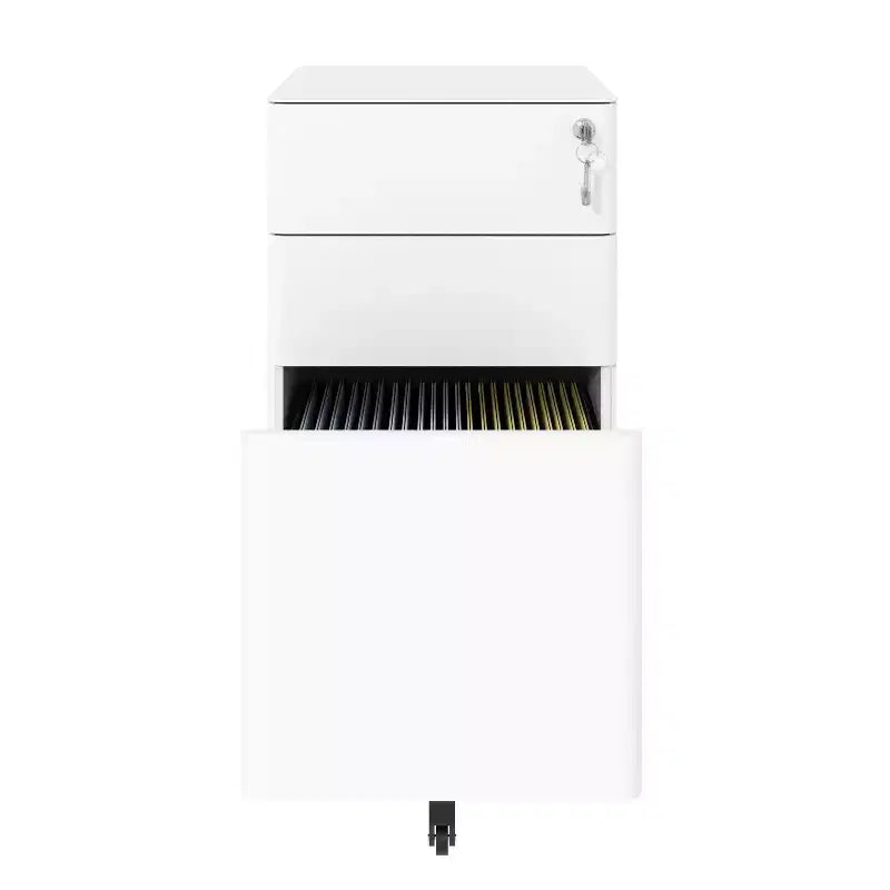 Meuble de classement mobile à 3 tiroirs avec serrure - Entièrement en acier anti-basculement, tiroir peu profond + tiroir profond, Blanc pour bureau/maison (compatible A4/Lettre)
